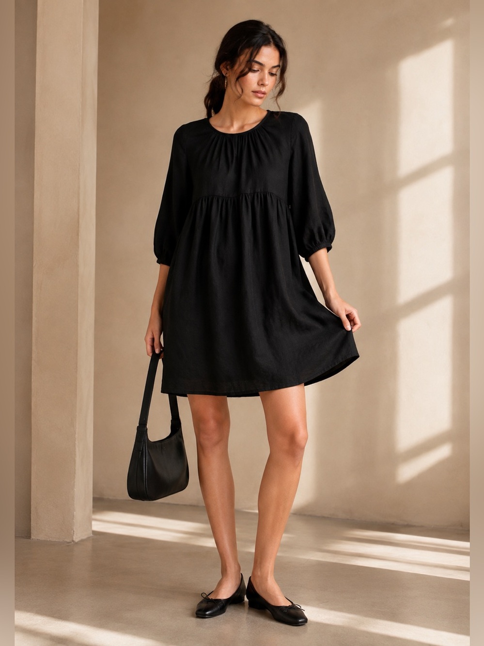 Aritzia Wilfred Black Babydoll Mini Dress Silk Trim 3/4 Sleeve